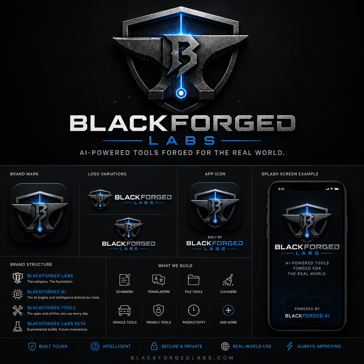 BlackForged Labs brand identity board with logo, app icon, and splash screen concepts